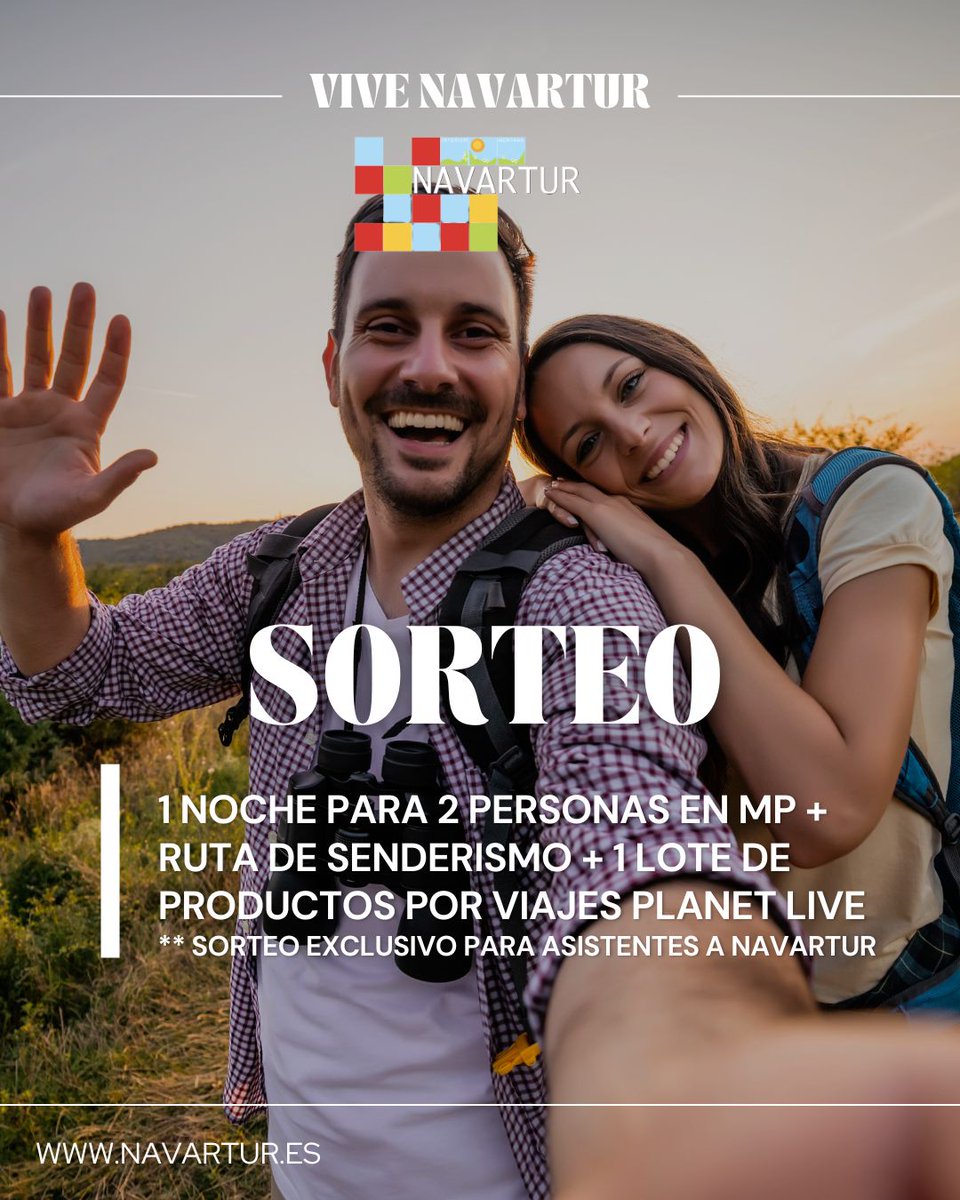 🏕️🌲 ¡Sorteo para amantes de la naturaleza! Gana 1 noche para 2 en MP + ruta de senderismo + lote de productos con Viajes Planet Live.

Cómo participar:
1️⃣ Síguenos en redes
2️⃣ Descarga tu entrada GRATIS 👉 navartur.es/entradas-e-ins…
3️⃣ Asiste a Navartur del 21 al 23 feb en Baluarte