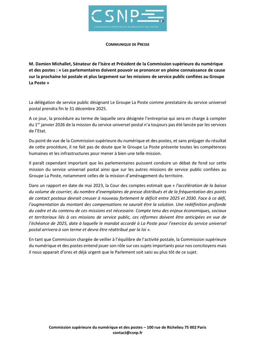 Damien Michallet (@dmichallet) on Twitter photo Alors que la <a href="/Courdescomptes/">Cour des comptes</a> vient de s’exprimer sur la trajectoire financière du <a href="/GroupeLaPoste/">La Poste Groupe</a> , en tant que Pdt de la @csnumpost j’appelle avec mes collègues députés et sénateurs de la #CSNP à l’ouverture d’un débat parlementaire sur les missions de service public de LaPoste Alors que la <a href="/Courdescomptes/">Cour des comptes</a> vient de s’exprimer sur la trajectoire financière du <a href="/GroupeLaPoste/">La Poste Groupe</a> , en tant que Pdt de la @csnumpost j’appelle avec mes collègues députés et sénateurs de la #CSNP à l’ouverture d’un débat parlementaire sur les missions de service public de LaPoste