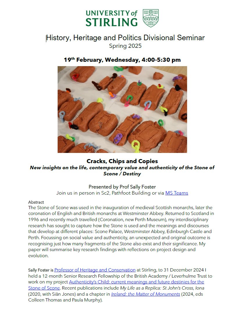 Cultural Heritage (@stirheritage) on Twitter photo Tune in today to hear about <a href="/ableminds_/">Sally Foster</a> exciting new research on the #StoneofDestiny #StoneofScone at 4:00 pm GMT.
Join in person Sc2 Pathfoot Building, UoS or online via Teams (Meeting ID: 362 910 818 653, Passcode: bi2no92t)
check out: lnkd.in/eVPX55mZ Tune in today to hear about <a href="/ableminds_/">Sally Foster</a> exciting new research on the #StoneofDestiny #StoneofScone at 4:00 pm GMT.
Join in person Sc2 Pathfoot Building, UoS or online via Teams (Meeting ID: 362 910 818 653, Passcode: bi2no92t)
check out: lnkd.in/eVPX55mZ