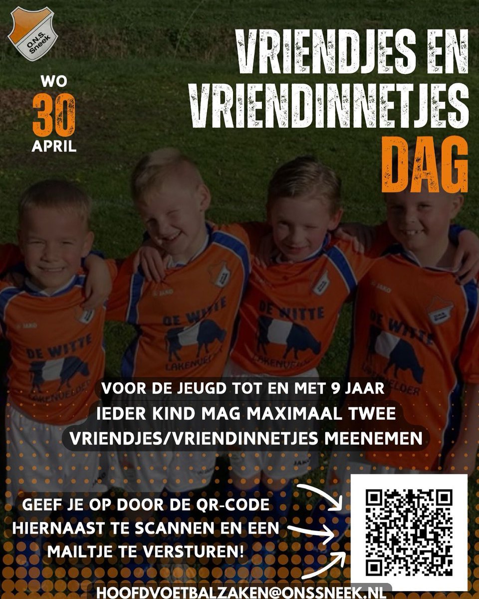 𝗘𝗲𝗻 𝗱𝗮𝗴 𝘃𝗼𝗹 𝘃𝗿𝗶𝗲𝗻𝗱𝘀𝗰𝗵𝗮𝗽, 𝘃𝗼𝗲𝘁𝗯𝗮𝗹 𝗲𝗻 𝗽𝗹𝗲𝘇𝗶𝗲𝗿!⚽️🧡

📅 Woensdag 30 april
📍 Zuidersportpark, ALEXANDERSTRAAT 2D

Kom jij ook?

#VoetballenMetVrienden #onssneek #VriendschapOpHetVeld