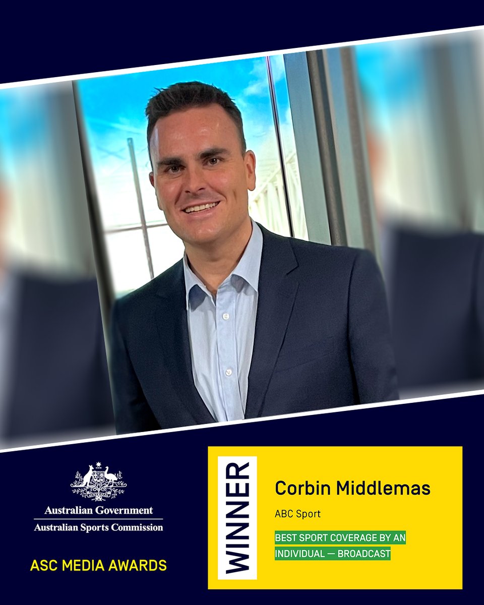 #ASCMediaAwards Best sport coverage by an individual - broadcast 🎥🎙️

🏆 <a href="/CorbinMiddlemas/">Corbin Middlemas</a> - <a href="/abcsport/">ABC SPORT</a>

Corbin led the ABC Sports’ AFL coverage, anchored an Australian Test tour &amp; <a href="/AustralianOpen/">#AusOpen</a> plus had a broad #Paris2024 portfolio while continuing to appear on the Offsiders.