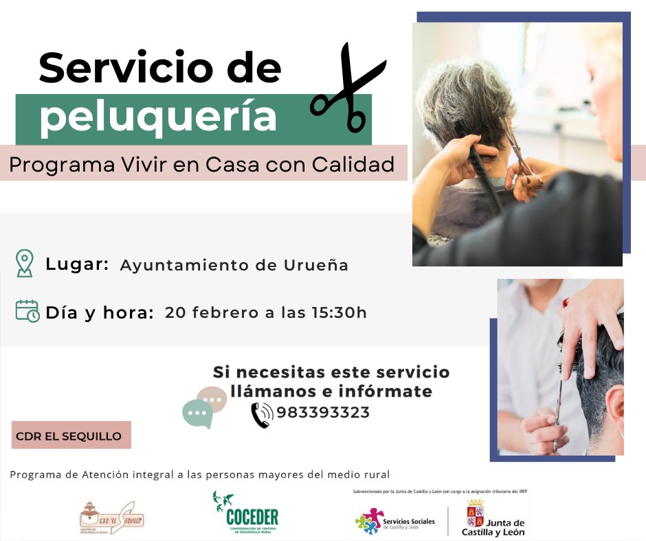 CDR El Sequillo (@cdrsequillo) on Twitter photo ✂️Mañana se va a realizar el #ServiciodePeluquería en #Urueña dentro del programa #VivirEnCasaConCalidad 🗓️20 febrero | 15:30h |📍 <a href="/ayto_uruena/">Ayto. de Urueña</a>
Subvencionado por <a href="/jcyl/">Junta de Castilla y León</a> con cargo al 0,7% del IRPF ✂️Mañana se va a realizar el #ServiciodePeluquería en #Urueña dentro del programa #VivirEnCasaConCalidad 🗓️20 febrero | 15:30h |📍 <a href="/ayto_uruena/">Ayto. de Urueña</a>
Subvencionado por <a href="/jcyl/">Junta de Castilla y León</a> con cargo al 0,7% del IRPF