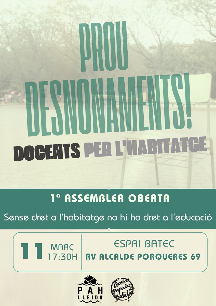 Seguint l’exemple d'altres iniciatives d'arreu del territori, els equips educatius de Ponent diem prou! Us esperem el pròxim dimarts 11/03, a les 17:30 al BATEC (Avinguda Alcalde Porqueres 69, Lleida)