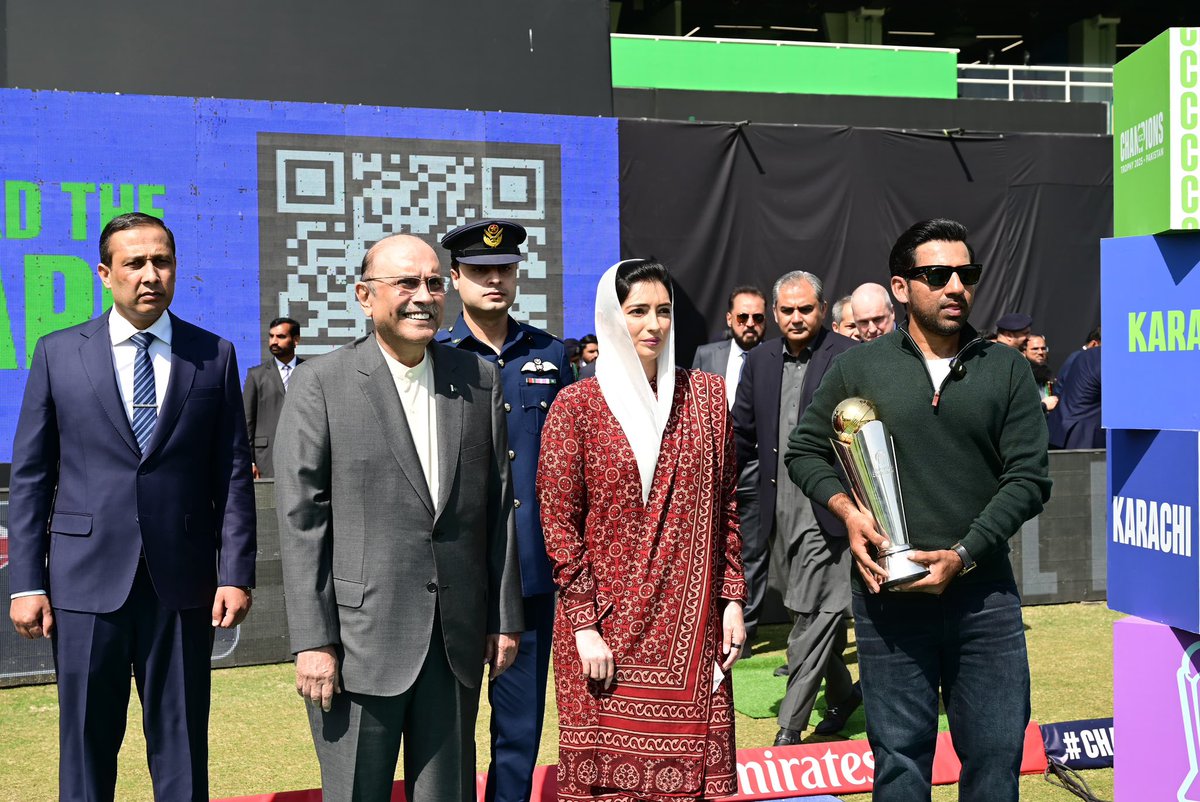 PPP (@mediacellppp) on Twitter photo President <a href="/AAliZardari/">AsifAliZardari</a>, First Lady Bibi <a href="/AseefaBZ/">Aseefa B Zardari</a> and ICC Champions Trophy 2025 event ambassador <a href="/SarfarazA_54/">Sarfaraz Ahmed</a> before the start of the opening match of the tournament at National Stadium, Karachi.
#PAKvNZ President <a href="/AAliZardari/">AsifAliZardari</a>, First Lady Bibi <a href="/AseefaBZ/">Aseefa B Zardari</a> and ICC Champions Trophy 2025 event ambassador <a href="/SarfarazA_54/">Sarfaraz Ahmed</a> before the start of the opening match of the tournament at National Stadium, Karachi.
#PAKvNZ