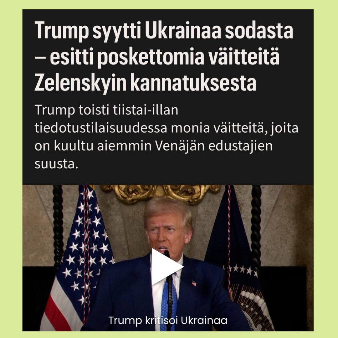 Trumpin väite siitä, että Ukraina on syypää Venäjän hyökkäyssotaan on täysin verrannollinen siihen, että väittäisi Suomen ampuneen Mainilan laukaukset ja siten aiheuttaneen Talvisodan. Siis absurdia Kreml-propagandaa.

Voisi kuvitella, että viimeistään nyt sumuverho hälvenee