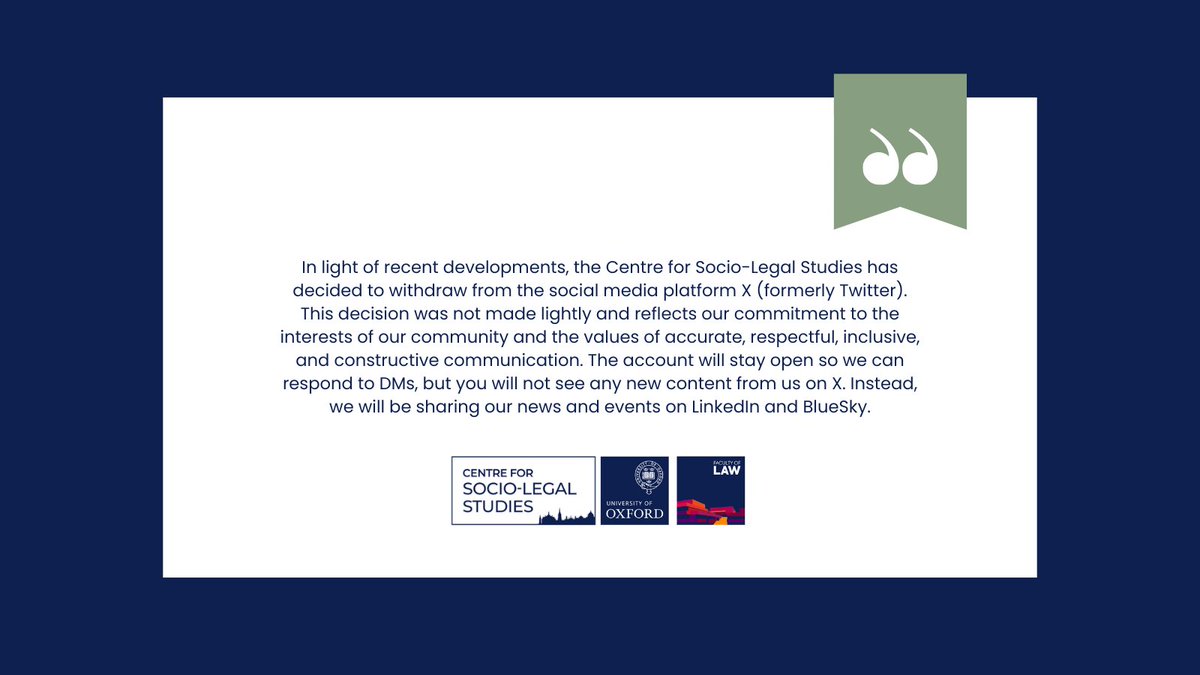 The Centre for Socio-Legal Studies is stepping back from X. While our account remains open for DMs, we’ll be sharing updates, news, and events on LinkedIn and BlueSky. Follow us there to stay connected!

🔗 tinyurl.com/ydcpkmxw
🔗 tinyurl.com/3nunwyaz
