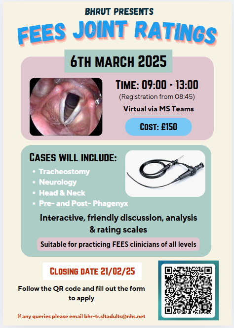 FEES JOINT RATINGS - LAST CHANCE TO BOOK!  Step by step analysis of a range of aetiologies including H&amp;N, trache and neuro!
(QR code now fully operational)
