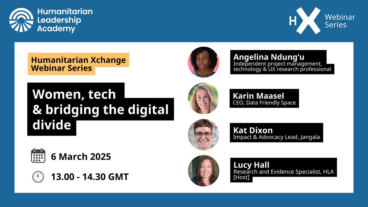 Humanitarian Xchange Webinar Series: Women, tech and bridging the digital divide

6 March, 13.00 GMT [08.00 EST | 14.00 CET | 16.00 EAT]

Info and registration: humanitarianleadershipacademy.org/resources/huma…