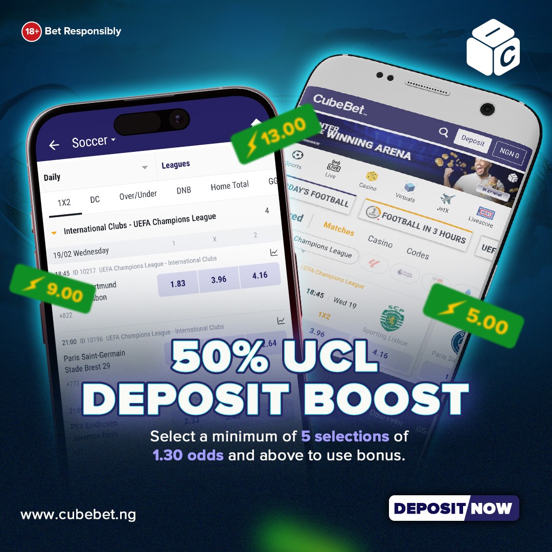 cubebetng's tweet photo. The UCL thrill just got bigger! Get a 50% Deposit Boost and take your bets to the next level! ⚽️💰
Don't miss out—boost your winnings today! 🚀🎯
#UCL #DepositBoost #FootballFever #BetSmart #GameOn
#BetWithCubeBet
#WhereWinningWorks https://t.co/qbovDIDmEa