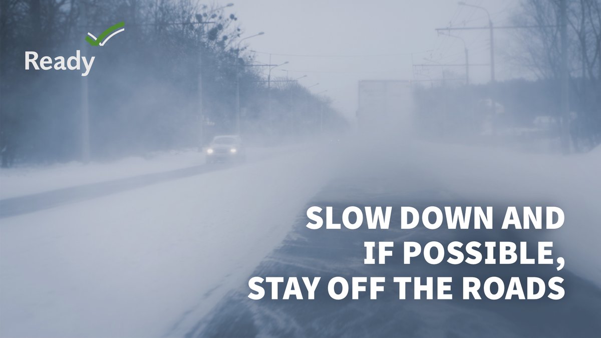 When winter weather hits, stay off the roads, if possible, but if you must drive:
 -Drive slowly
 -Leave extra space between other vehicles -
- Pay attention to the road at all times  

More tips to stay #WinterReady here: ready.gov/winter-weather