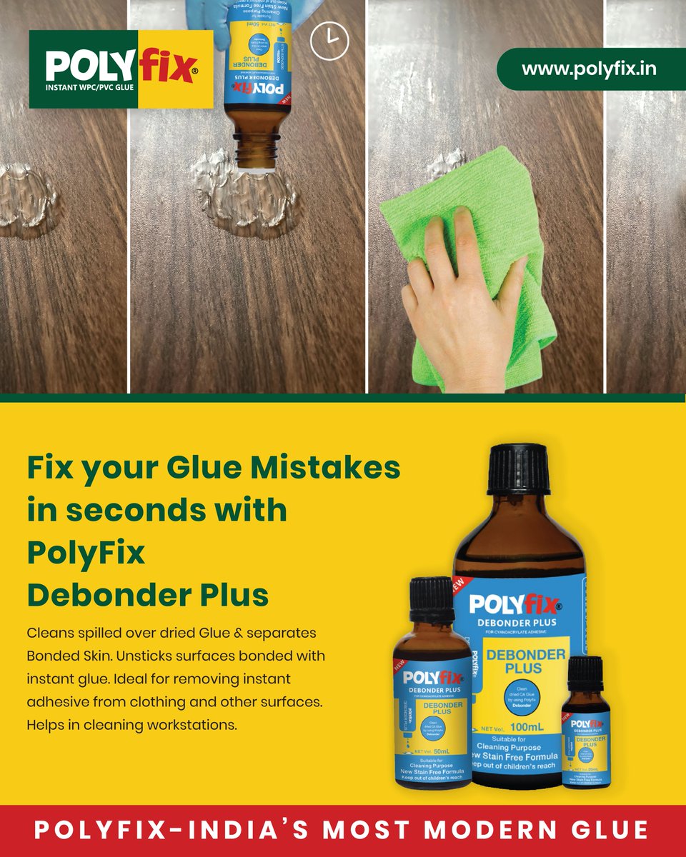 Polyfixglue's tweet photo. Mistakes happen, but with Polyfix Debonder Plus, they don’t have to stay! ✨

Effortlessly remove dried glue, clean spills, and separate bonded surfaces in just seconds. No more mess, no more stress—just a quick fix for every sticky situation! https://t.co/jPj56a1qPJ