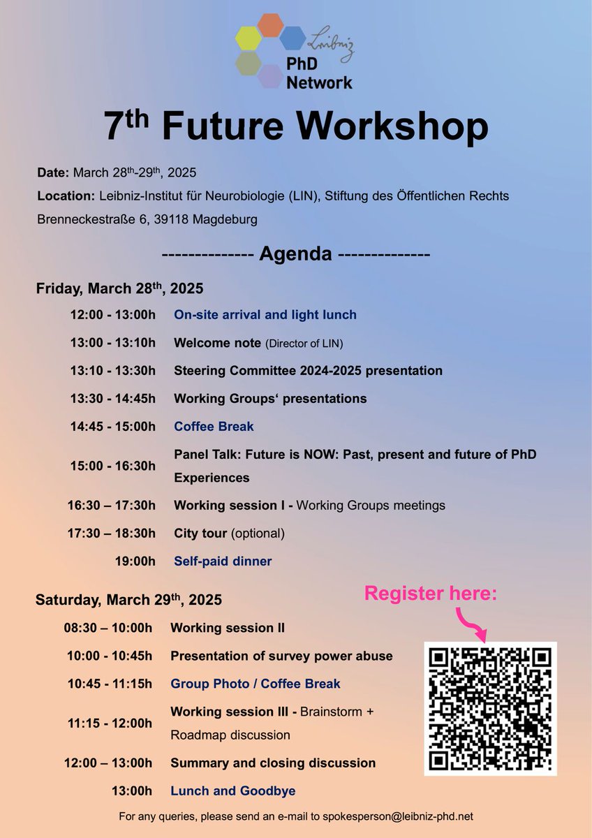 Leibniz PhD Network (@leibniz_phd_net) on Twitter photo The 7th Future Workshop of the Leibniz PhD Network is taking place on March 28th and 29th!
Save the date 📆
Registration link: shorturl.at/XmcM6
Registrations will be open until March 15th.
Please contact us at spokesperson@leibniz-phd.net if you have any questions. The 7th Future Workshop of the Leibniz PhD Network is taking place on March 28th and 29th!
Save the date 📆
Registration link: shorturl.at/XmcM6
Registrations will be open until March 15th.
Please contact us at spokesperson@leibniz-phd.net if you have any questions.