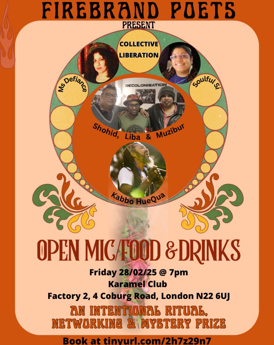 Liba Ravindran (@libaravindran) on Twitter photo I am excited to be hosting our first ticketed event next Friday 28th February 2025 from 7.30pm at Karamel Club in Wood Green 💐
Ticket link: musicglue.com/karamel/events… ❤
Secure your open mic slot via firebrandpoets@riseup.net 👌🏾
Find out more here: linksta.cc/@firebrandpoets I am excited to be hosting our first ticketed event next Friday 28th February 2025 from 7.30pm at Karamel Club in Wood Green 💐
Ticket link: musicglue.com/karamel/events… ❤
Secure your open mic slot via firebrandpoets@riseup.net 👌🏾
Find out more here: linksta.cc/@firebrandpoets