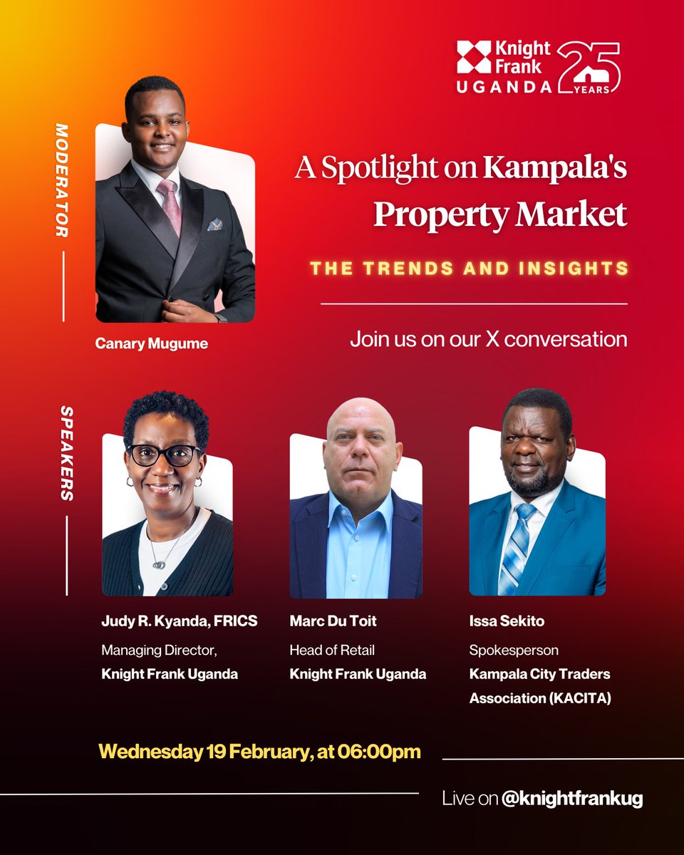 Happening today at 6pm 
Don’t miss out this conversation by <a href="/knightfrankug/">Knight Frank Uganda</a> : A Spotlight on Kampala's Property Market. 
The trends and Insights. 

Set reminder here: x.com/i/spaces/1ypKd…