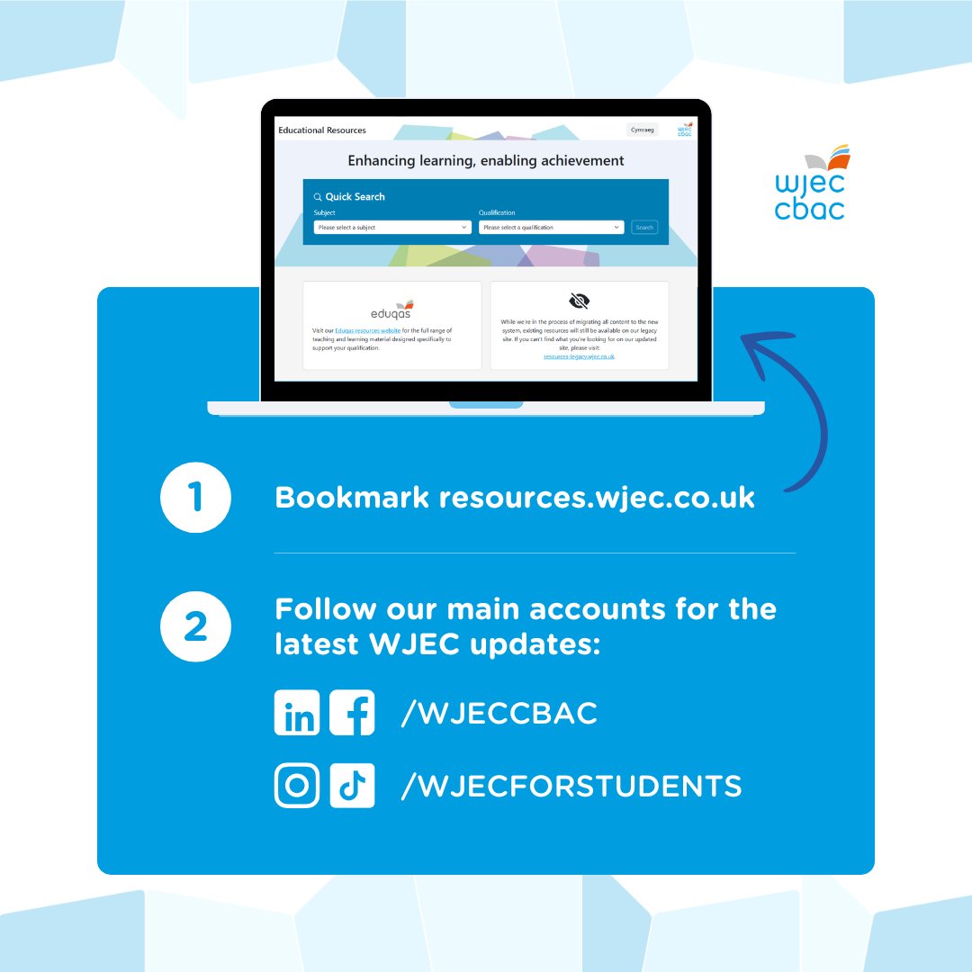 As the social media landscape continues to change, bookmark our website and follow our main social media channels to ensure you're getting the latest WJEC resource updates! 👇
resources.wjec.co.uk