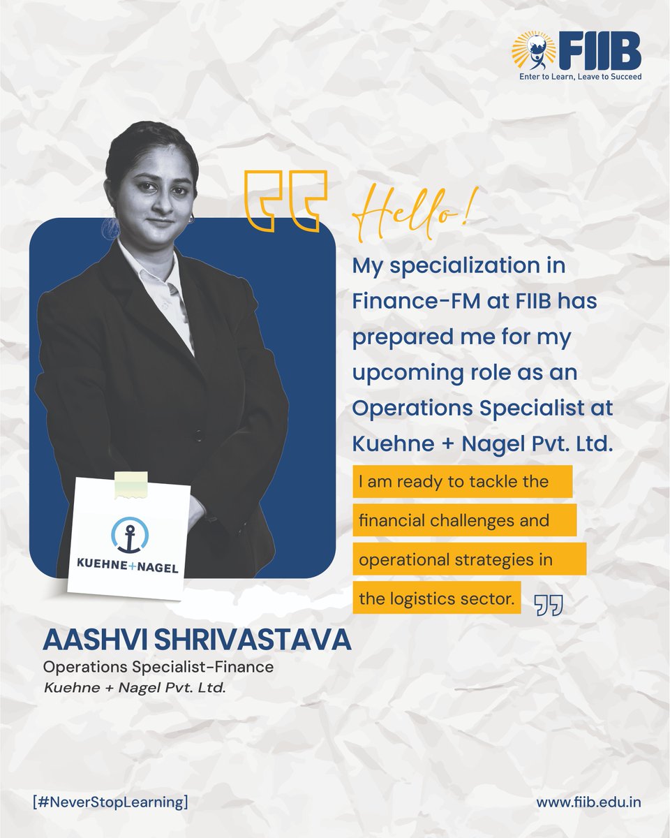 What’s the formula for turning ordinary into extraordinary?

Aashvi Shrivastava cracked it—going from Finance at FIIB to Operations at Kuehne + Nagel! Wishing you smooth sailing (and seamless logistics) in this new role. 

#FIIBPlacement #KuehneNagel #NotYourOrdinaryBSchool #FIIB