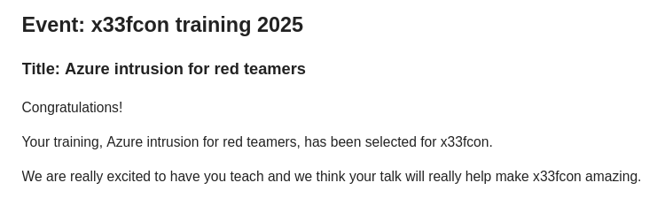 Exciting news, our Offensive Azure training has been accepted at #x33fcon! 🥳 Can’t wait to see you there and dive into the latest techniques for attacking Azure environments!