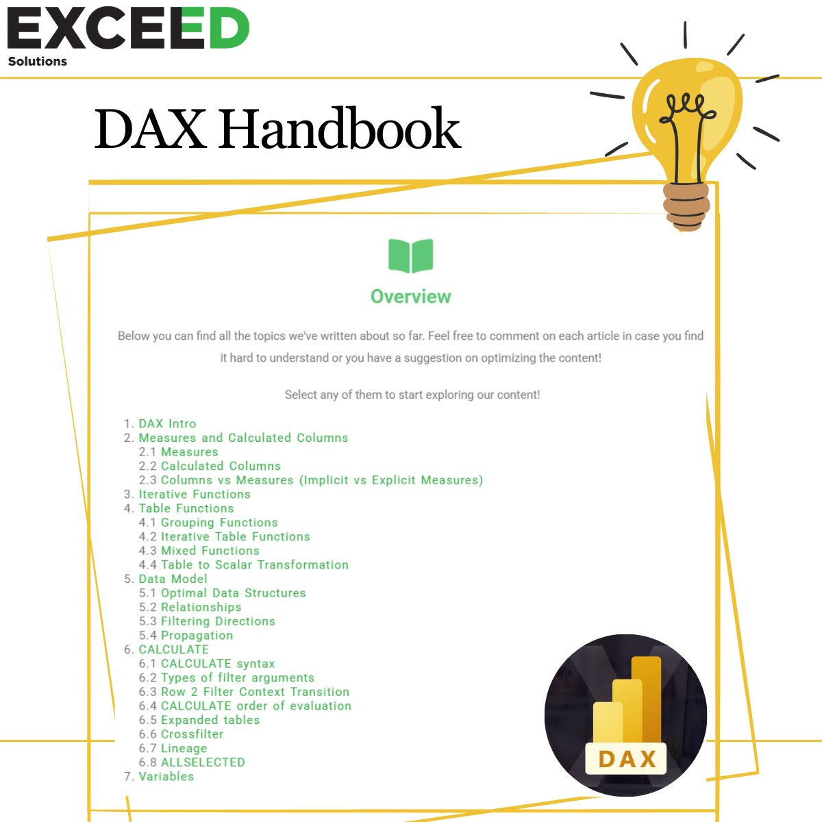 Are you a new user of PowerBI? Or do you still have trouble understanding DAX? 😅
After many years of experience in educating users, we decided to write a DAX Handbook to try to explain DAX concepts in a simpler and more concise way.💡
Find it on our web:
exceed.hr/en/blog/dax-ha…