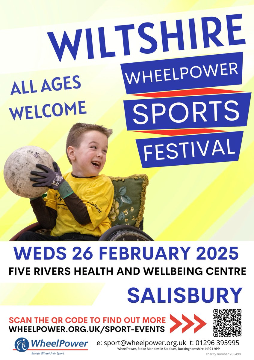 There's still time to sign up for the Wiltshire WheelPower Sports Festival.
📅26 February 2025
⏲️9:30am to 3:00pm
📍Five Rivers Health and Wellbeing Centre, Salisbury, SP1 3NR
wheelpower.org.uk/activities/wil…