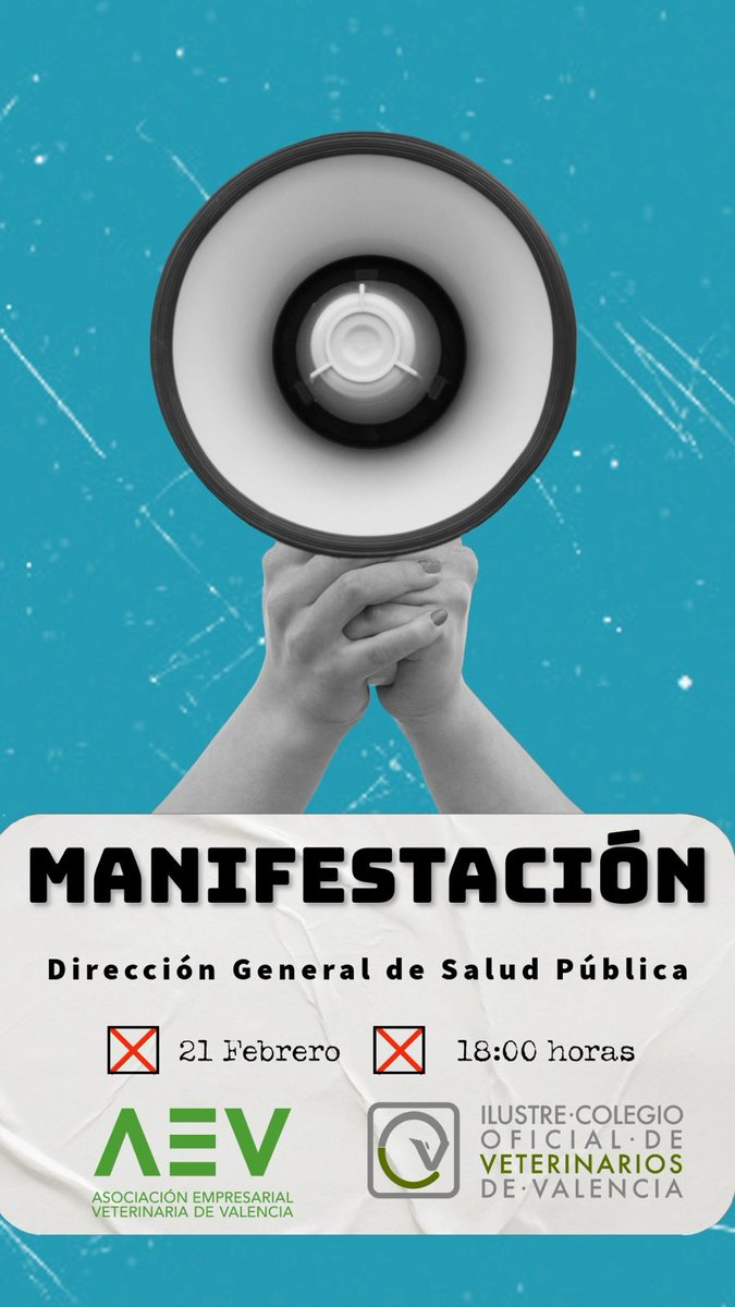 ICOVValencia's tweet image. 📢 MANIFESTACIÓN VETERINARIA EN VALENCIA 📢

🗓 Viernes 21 de febrero
🕕 18:00 - 20:00 h
📍 Recorrido: De la Dirección General de Salud Pública al Aymto. de Valencia.

Por una normativa justa del medicamento veterinario. ¡COMPARTE Y UNETE! 💪
#SinVeterinariosNoHaySalud