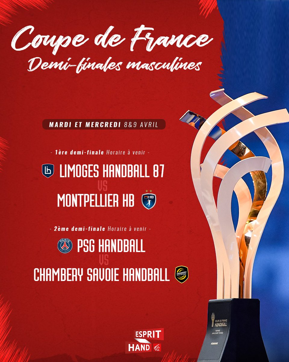 EspritHandball's tweet photo. Voici les demi-finales masculines de la Coupe de France ! 👊 

RDV les 8 &amp; 9 avril pour connaître les finalistes de cette édition 2025 que l'on retrouver à l'Accor Hotel Arena 💪

#EspritHandball #CDFHandball https://t.co/cqxESKduLq
