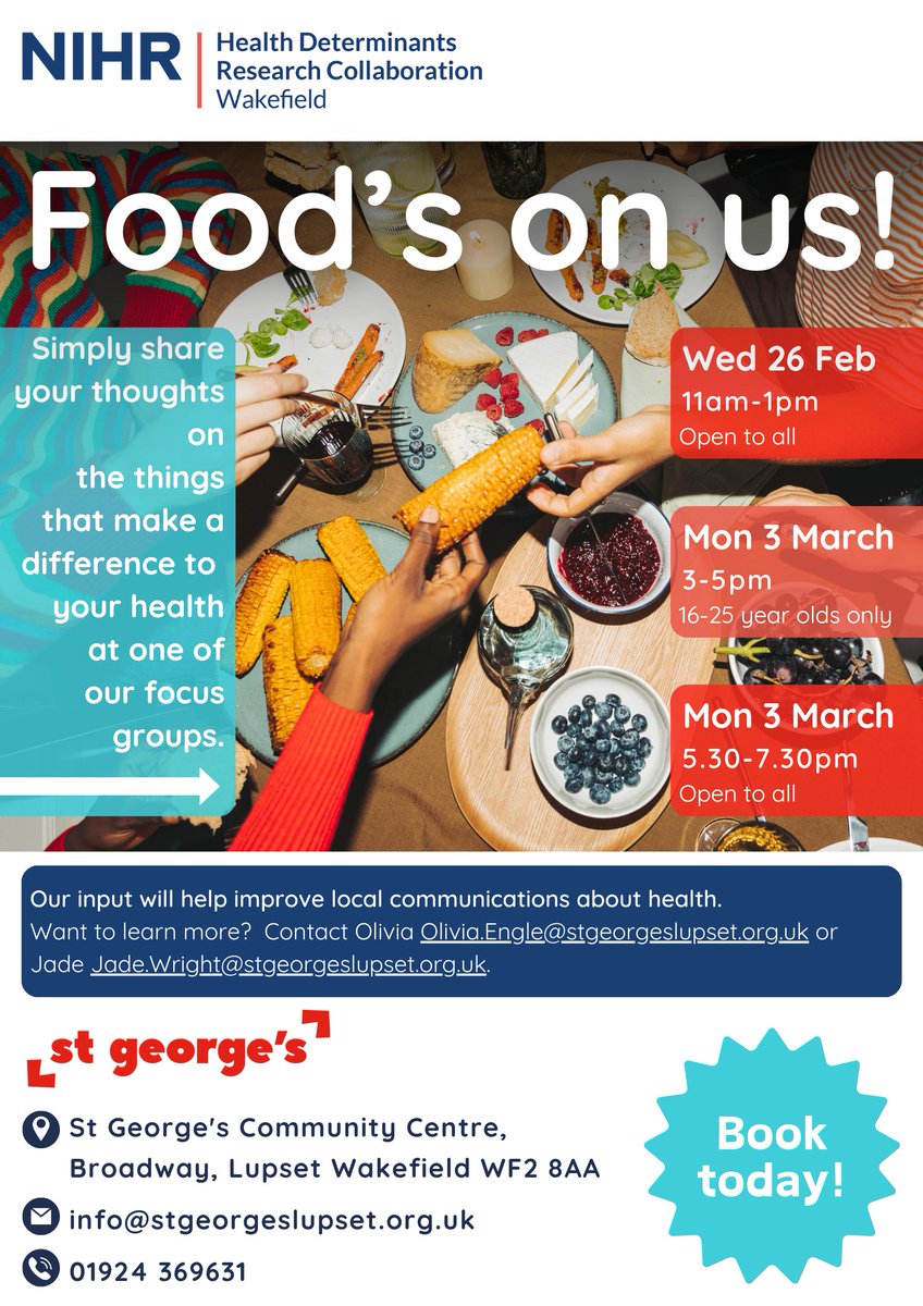 Free food in return for your views #Wakefield!  Share your thoughts on the things that make a difference to your #health at one of our focus groups: Wed 26 Feb 11-1 (open to all), Mon 3 March 3-5pm (16-25 year olds only) and 5.30-7.30 (open to all).  Book today on 01924 369631.