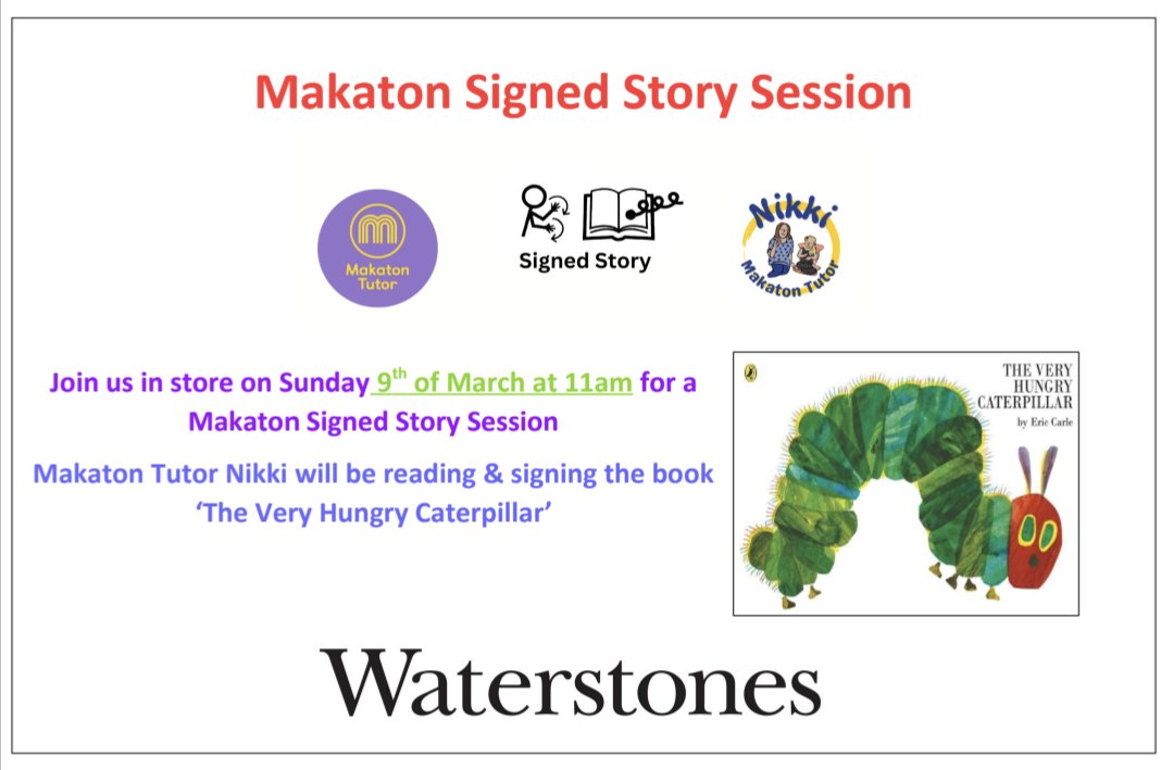 ✨MAKATON STORY &amp; SONG SESSION✨

FREE to attend! 

To celebrate World Book Day my next Makaton Signed Story &amp; Song session is on Sunday 9th March at 11am at <a href="/Waterstoneswsm/">Waterstones Weston</a> 📚🎶

Would be lovely to see you there! 🐛