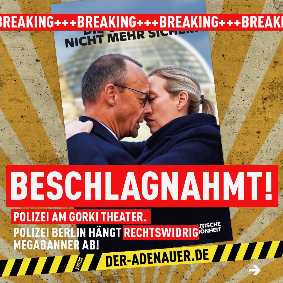 politicalbeauty's tweet photo. BREAKING: Polizei Berlin beschlagnahmt nächstes Kunstwerk des Zentrums für Politische Schönheit – ohne jede rechtliche Grundlage! +++

Megabanner mit Aufschrift „Am 23.2. wählen gehen!“ als zu gefährlich abgehängt. +++ Kunstfreiheit? Nicht mit der CDU von @kaiwegner. https://t.co/NJGhTSowjV