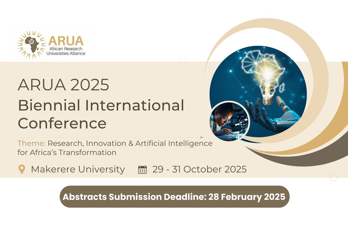 ARUA (@arua_news) on Twitter photo 🪘 ONLY 9 DAYS LEFT TO SUBMIT A PAPER for ARUA’s 5th Biennial International Conference to be held in <a href="/Makerere/">Makerere University</a>. More info. here: arua.org/conferences/
#Research #AI #Innovation #Africa #ARUA2025 🪘 ONLY 9 DAYS LEFT TO SUBMIT A PAPER for ARUA’s 5th Biennial International Conference to be held in <a href="/Makerere/">Makerere University</a>. More info. here: arua.org/conferences/
#Research #AI #Innovation #Africa #ARUA2025