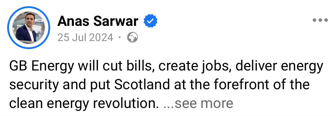 Energy bills are set to rise by ''another'' 5%, or £85 more in April.

Questions must be asked of Sarwar.

You promised to lower my bills by £1000's….. you promised GB Energy would reduce my future bills.

What happened? 

Did you lie? 

Or were you duped like us?