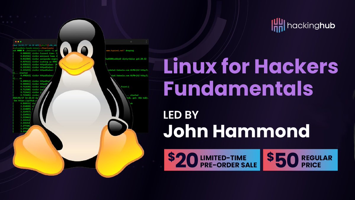 _JohnHammond's tweet image. Teeny tiny reminder the &quot;Linux For Hackers Fundamentals&quot; course I put together for @hackinghub_io is on pre-sale and available for $20 until 2/28! 🤪 hhub.io/jhlffh

Ben and Adam told me I can do another giveaway so I&apos;m just following orders 😅 Comment to join &amp;amp; I&apos;ll DM…