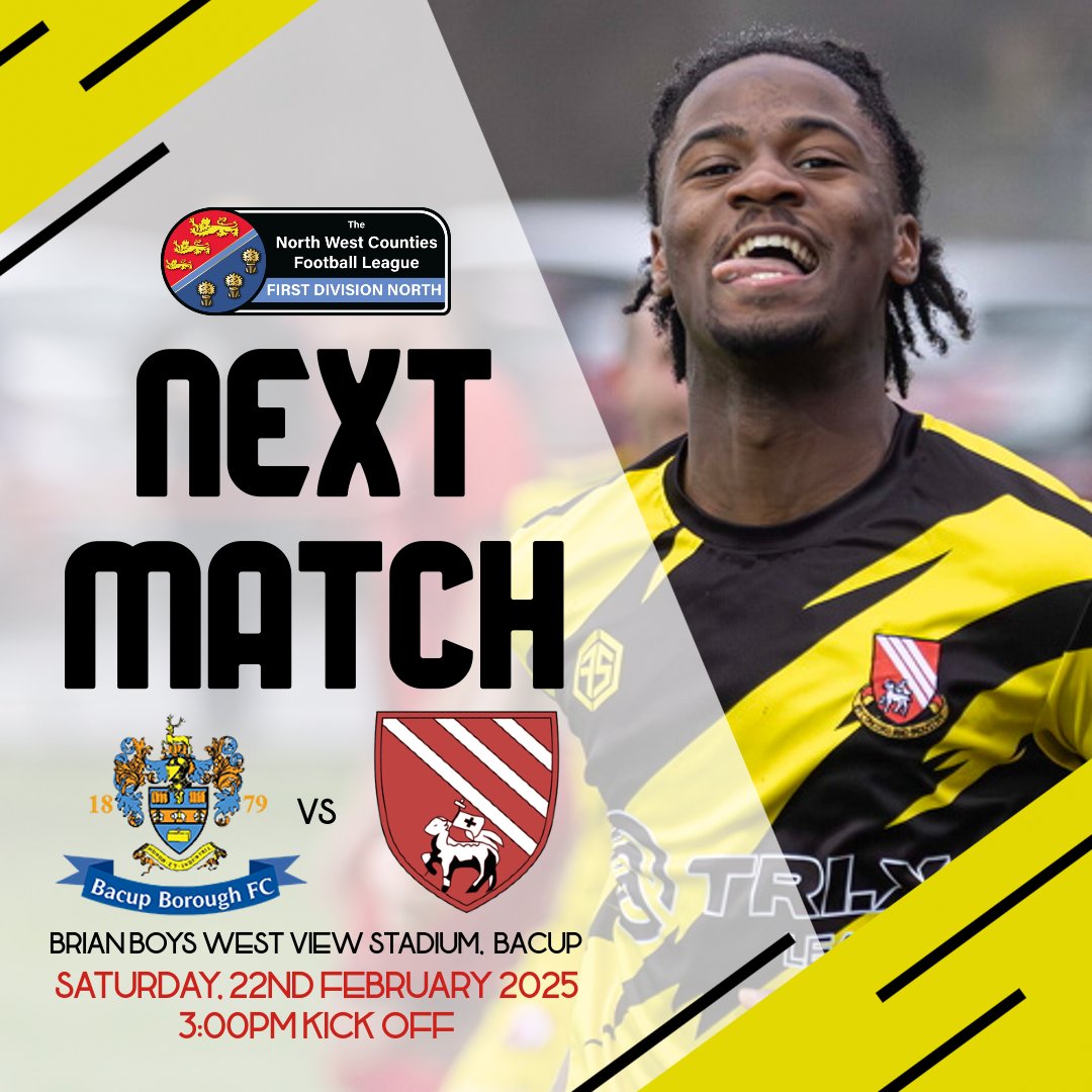 THIS SATURDAY!!! 

🆚 <a href="/BacupBoro/">Bacup Borough FC</a>
🏟️ Brian Boys Stadium, Bacup
🏆 <a href="/nwcfl/">The NWCFL ⚽️</a> First Division North
📅 Sat 22nd Feb 2025
⌚ 3:00pm KO
🎟️ £6 Adults / £3 Conc. / FREE u5s
📖 Programme ONLINE
💳 Cash only turnstile / Cash &amp; Card Bar
🍻 Bar open 1:30pm

Hope to see you there! #UpTheBloods