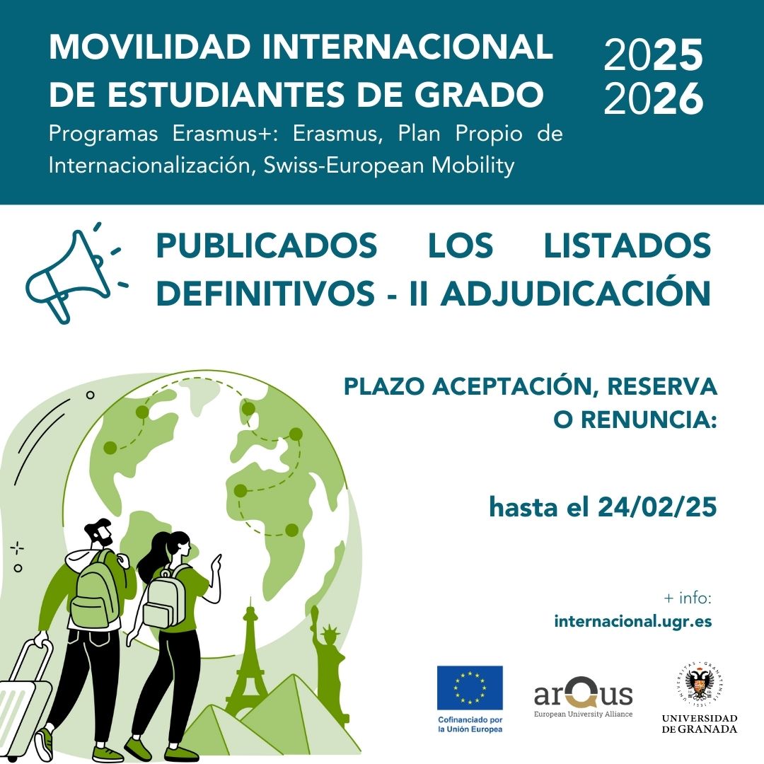 📷 ¡Publicada la segunda adjudicación de plazas de movilidad internacional para estudiantes de grado!
📷internacional.ugr.es/.../listados-d…...
📷 ¿Qué hay que hacer ahora? Te lo explicamos en este vídeo: canva.com/.../zeCdsVmp-W…...