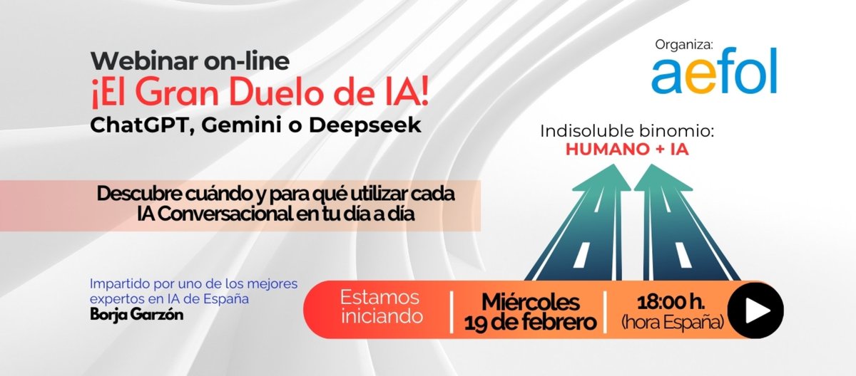 joeldoncel2007's tweet image. 🌟 ¡Hoy es el día! Nos vemos en directo a las 18:00 h (España)

🔴 Todavía puedes unirte a nuestro Webinar:
 Inscríbete aquí y no te lo pierdas: 👉lnkd.in/dE3pis_t

@borjaturtle compartirá las claves para saber cuándo y para qué utilizar cada IA.

@AEFOL