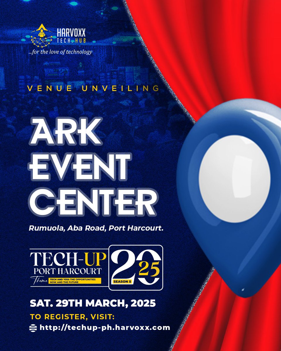 Harvoxx Tech Hub #TechUpPortHarcourt'25 (@harvoxxh) on Twitter photo Drum Rollssssss π₯π₯π₯π₯
Introducing VENUE UNVEIL for the TechUp Port Harcourt Season 5 event πππππ
Did you guess, The ARK Event Centre?
Then you are a WINNER.
Celebrate yourself π€π€
Now our official recognition goes to
<a href="/Bukky_ygnba/">Olabisi Oluwabukola</a>
Gift price will be redeemed at the Drum Rollssssss π₯π₯π₯π₯
Introducing VENUE UNVEIL for the TechUp Port Harcourt Season 5 event πππππ
Did you guess, The ARK Event Centre?
Then you are a WINNER.
Celebrate yourself π€π€
Now our official recognition goes to
<a href="/Bukky_ygnba/">Olabisi Oluwabukola</a>
Gift price will be redeemed at the