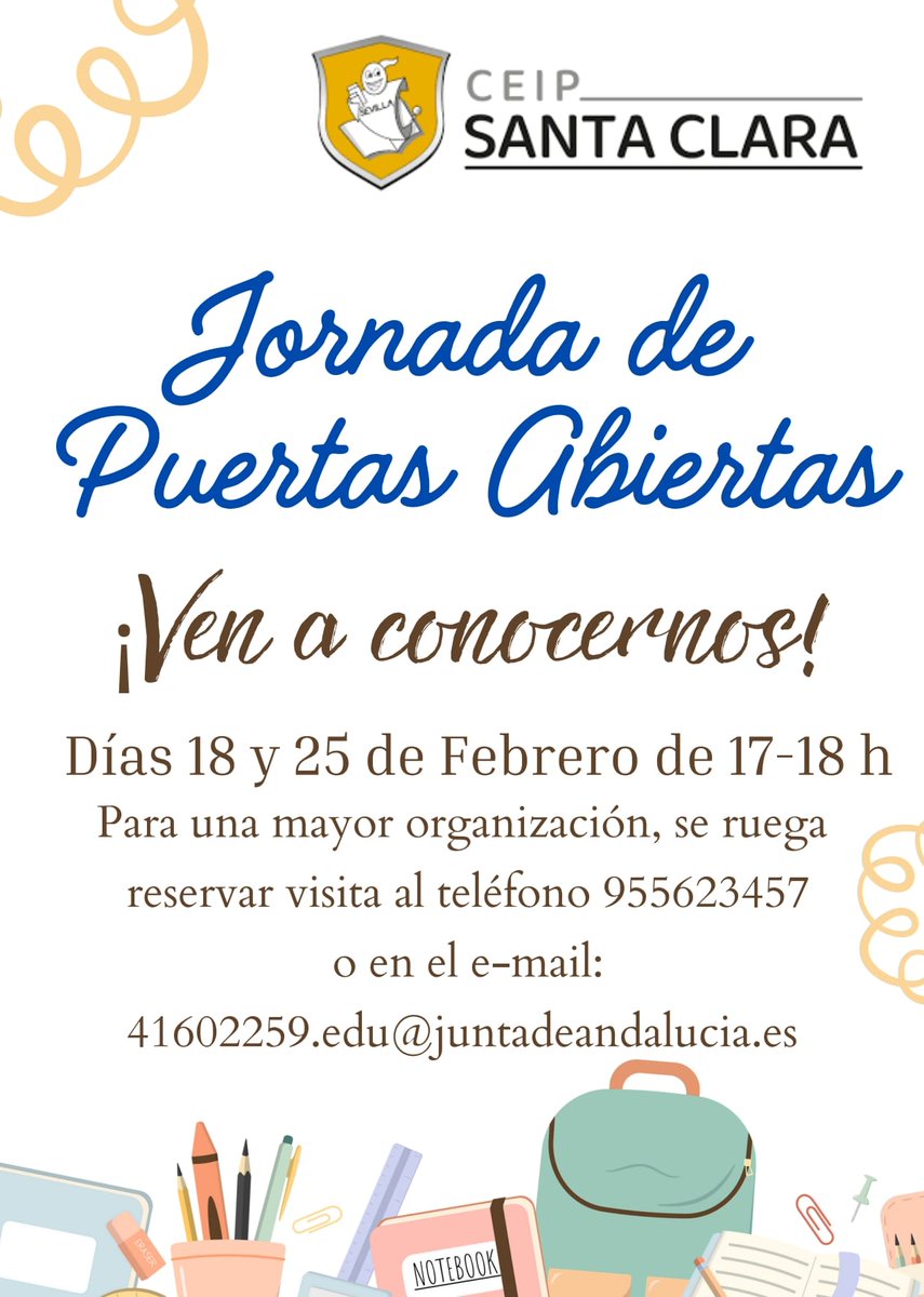 📢 ¡Ven a conocer el CEIP Santa Clara! 🎒✨
Descubre un colegio cercano, familiar y con una educación de calidad 🎭 Aula matinal, comedor y una amplia oferta de extraescolares
#CEIPSantaClara #SantaClara #Sevilla #DistritoSanPabloSantaJusta