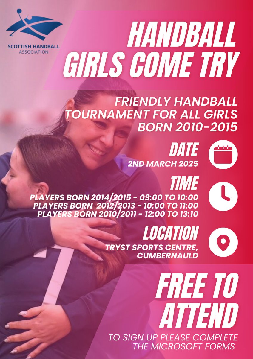 🤾‍♀️Scottish Handball are holding free Come &amp; Try sessions for girls born 2010 - 2015. 
💻Fill in this form to sign up forms.office.com/e/B8egWAS8nZ