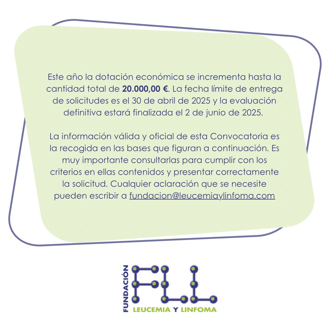 CONVOCATORIA IV BECA “ASUN ALMAJANO” 
Para la Investigación en el Área de la Leucemia, el Linfoma, el Mieloma y Enfermedades Afines. Convocatoria 2025

leucemiaylinfoma.com/convocatoria-i…