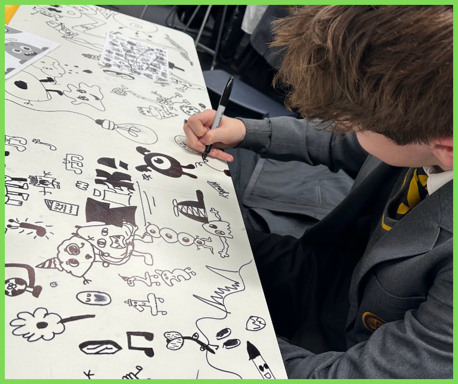 Yr7 Graphic students were inspired by designer <a href="/jonburgerman/">jonburgerman</a>  to transform dull classroom tables into unique &amp; permanent art pieces during their lunch &amp; breaks over two weeks. The vibrant tables now serve as a talking point, reflecting the students' pride in their creativity.