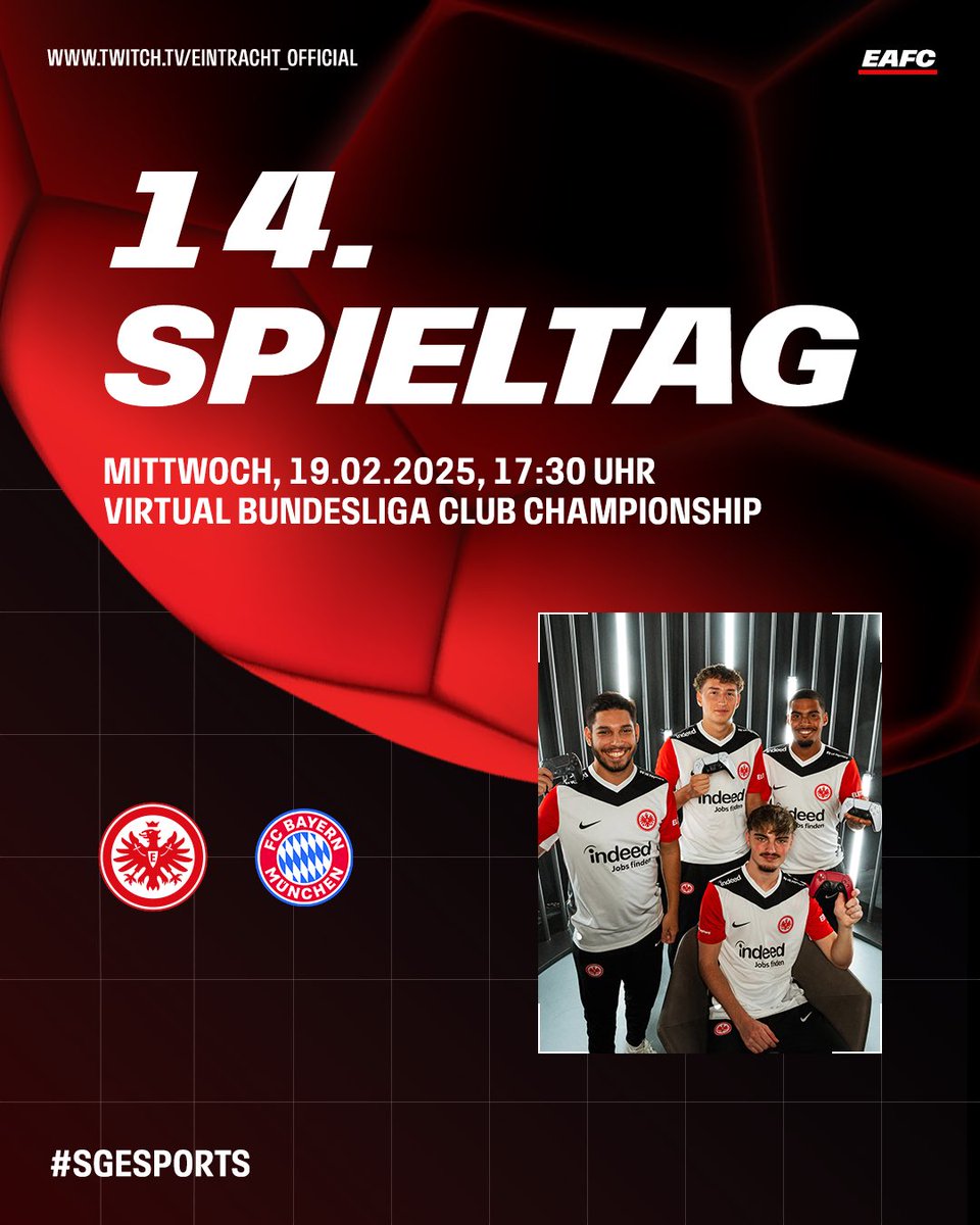 1️⃣ 4️⃣  Spieltag - heute mit der Frühschicht!

⏰ 17:30 Uhr
🆚 <a href="/fcbayernesports/">FC Bayern Esports</a>
📺 twitch.tv/eintracht_offi…

#SGEsports | #SGE | #VBLCC