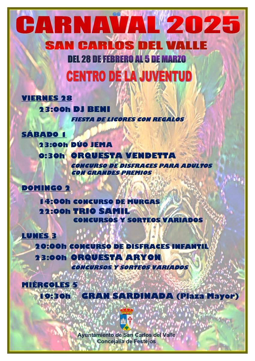 Buenos días ! aquí tenemos la programación para CARNAVAL 2025

#sancarlosdelvalle #oficinadeturismo #carnaval2025 #ayuntamientodesancarlosdelvalle