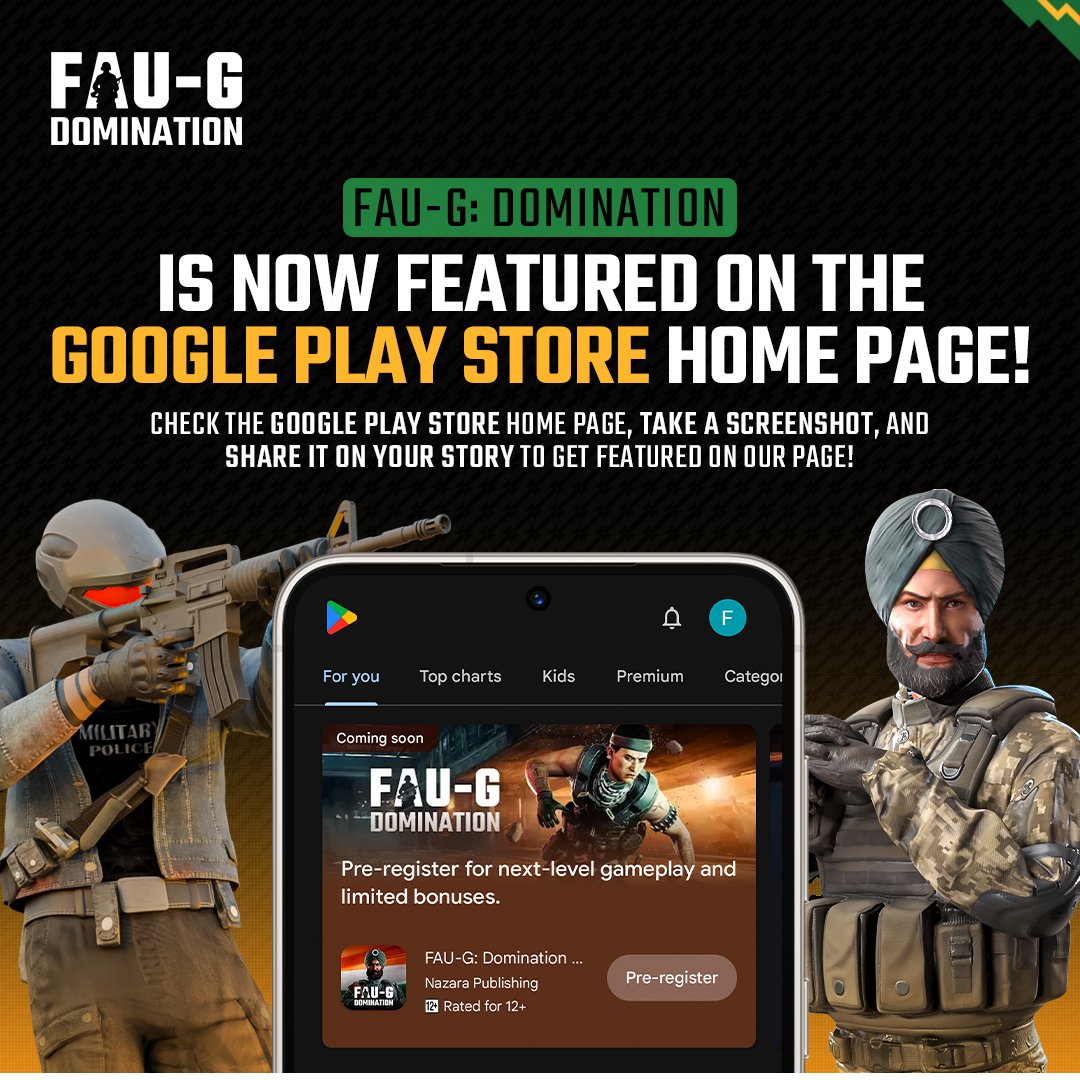 🛑 FauG: Domination is now showcased on the Google Play Store home page! 🤯🌟

Visit the Google Play Store home page, take a screenshot, and share it on your story for a chance to get featured on our page.

#Gaming #Faug #FaugDomination #Game