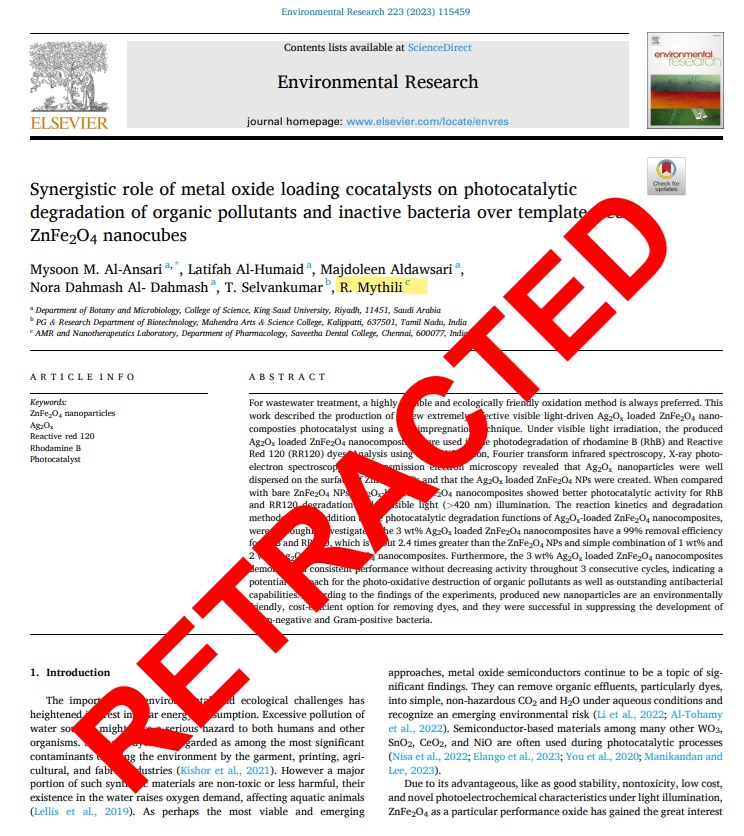 It happened: Raja Mythili from the corrupt <a href="/DentalSaveetha/">Saveetha Dental College Official</a> (Saveetha college) got her first retraction! R. Mythili is a #papermill #fraud! doi.org/10.1016/j.envr…