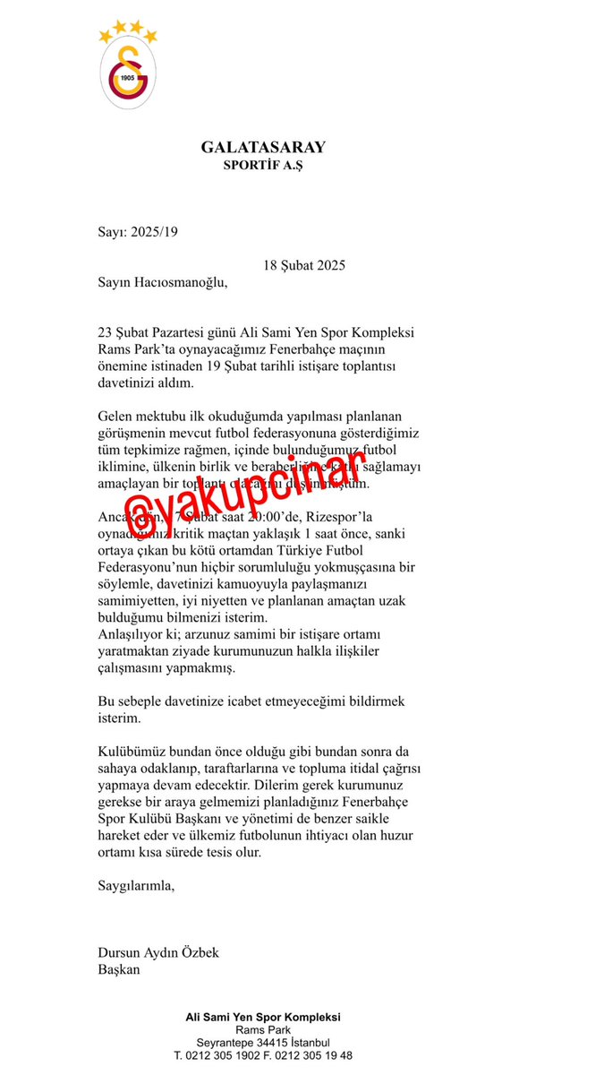 Özel | Galatasaray Başkanı Dursun Özbek’in dün sıcağı sıcağına TFF’in davetine cevap verdiği mektup 👇