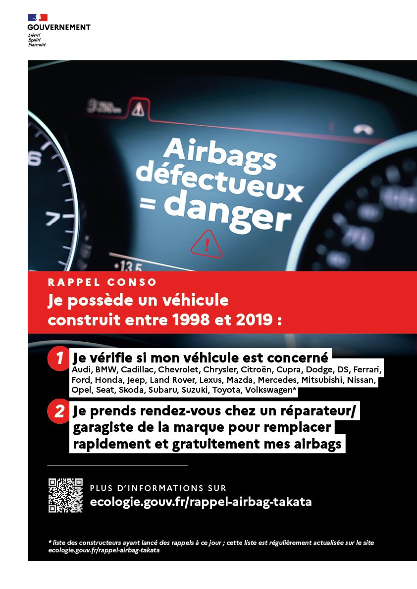 #Information #SécuritéRoutière  
🚗⚠️ Rappel des airbags Takata
‼️️ Le ministère chargé des Transports a actualisé la liste des marques concernées.
ℹ Plus d'informations sur ecologie.gouv.fr/rappel-airbag-…
Rappel : Je possède un véhicule construit entre 1998 et 2019 ⤵️⤵️
