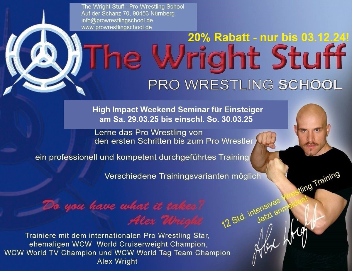 Wrestling-Seminar: Last-Minute-Rabatt 20% - bis 05.03.25! Einsteiger-Seminar am Sa. 29.03.25 - So. 30.03.25! Code: 20HIS_März25
prowrestlingschool.de/index.php?site…
#wrestlingalexwright
#wrestlingschule
#wrestlingnürnberg
#wrestlingtraining
#wrestlingschuledeutschland
#wrestlingschulen