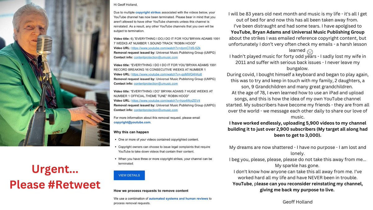 Please... I need your help <a href="/bryanadams/">Bryan Adams</a> <a href="/UMG_News/">UniversalMusicGroup</a> <a href="/youtubemusic/">YouTube Music</a> Please #Retweet <a href="/GaryPHolland/">Gary Holland</a> <a href="/MICHELL64959353/">MICHELLE HOLLAND</a> <a href="/Elaine241/">Elaine Sturgess</a> <a href="/Lynette_Jenkins/">lynette jenkins</a> <a href="/lisamariehaden/">Lisa Haden-Author/Singer/Songwriter</a> <a href="/MQuigley1963/">Melisa Quigley Author</a> <a href="/JBotzenhart/">Author Jeffery Martin Botzenhart</a> <a href="/BookDuke/">TheBookDuke</a> <a href="/martywilde3/">Marty Wilde MBE</a> <a href="/neilsedaka/">Neil Sedaka</a> <a href="/JoannaLumleyUK/">Dame Joanna Lumley</a> <a href="/SimonCowell/">Simon Cowell</a> <a href="/GMB/">Good Morning Britain</a>