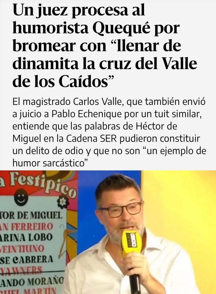 El juez Carlos Valle procesa al humorista Quequé por bromear con "llenar de dinamita la cruz del Valle de los Caídos". 
La denuncia es de Abogados Cristianos. Valle también envió a juicio a Pablo Echenique por un tuit similar eldiario.es/1_b81dc8