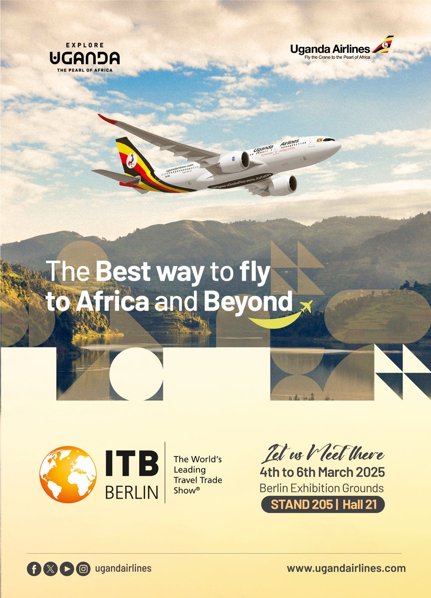 UG_Airlines's tweet photo. We are excited to announce our participation in the upcoming #ITBBerlin!

📍 Join us at the Berlin Exhibition Grounds in Hall 21, Stand 205, from March 4-6, where we will showcase the Pearl of Africa to the world. 

Book your flight today through our website or mobile app https://t.co/KgvUH8mumT. #FlyUgandaAirlines #UgXITBBerlin2025