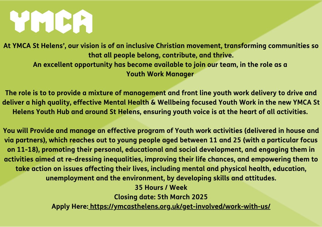 We have an exciting opportunity for an experienced Youth Work Manager to join us at the YMCA St Helens. to apply please follow the link below .
ymcasthelens.org.uk/get-involved/w…
#youthwork,#youth#youthworkjobs#sthelensjobs#liverpooljobs#manchesterjobs#charity#ymca#wiganjobs